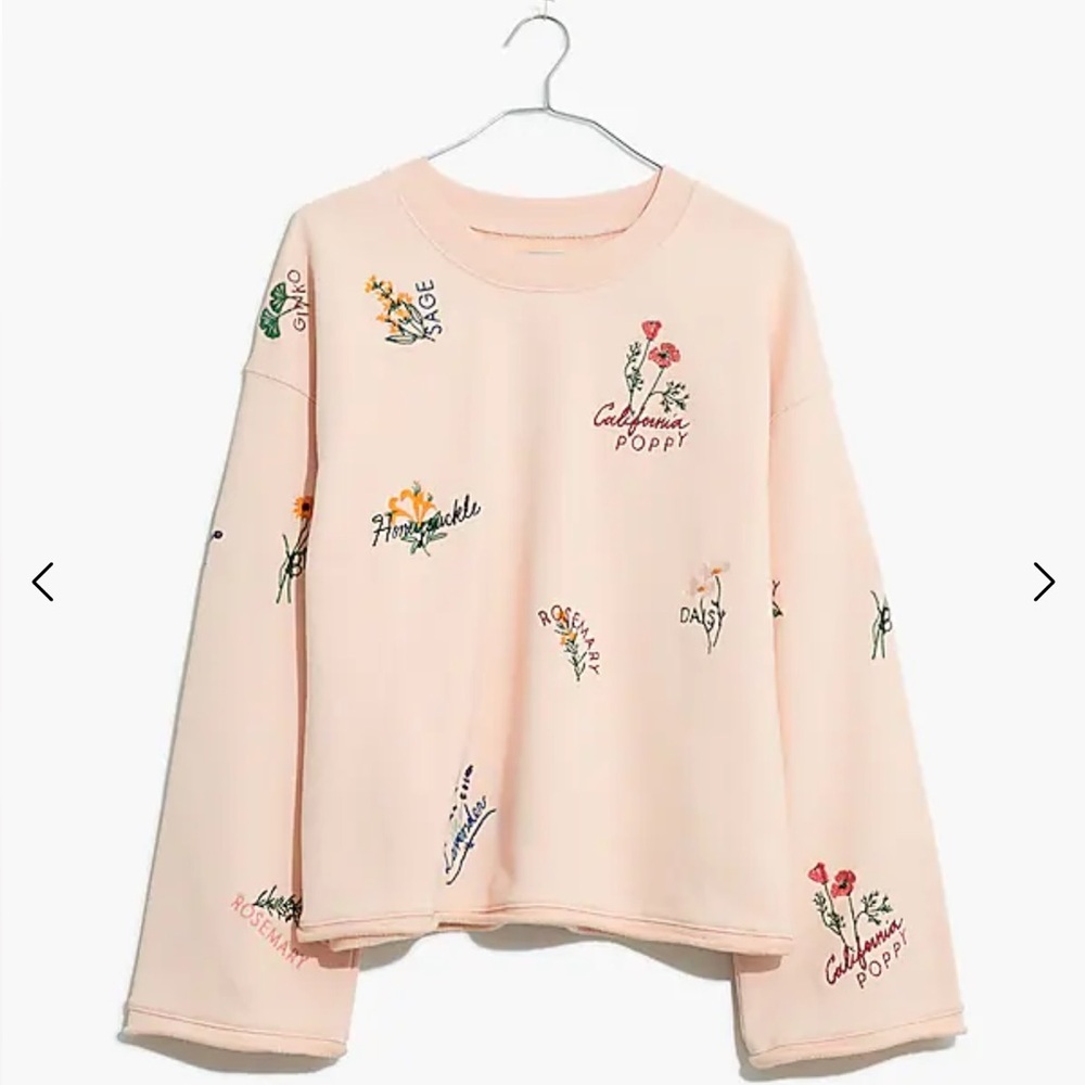 Madewell Embroidered Floral blush pink Bell Sleeve Crewneck